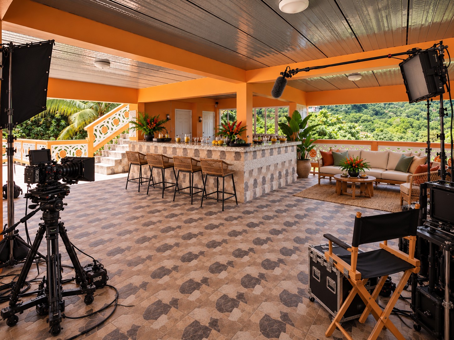 Covered hilltop terrace with bar and lounge set up for a film shoot
