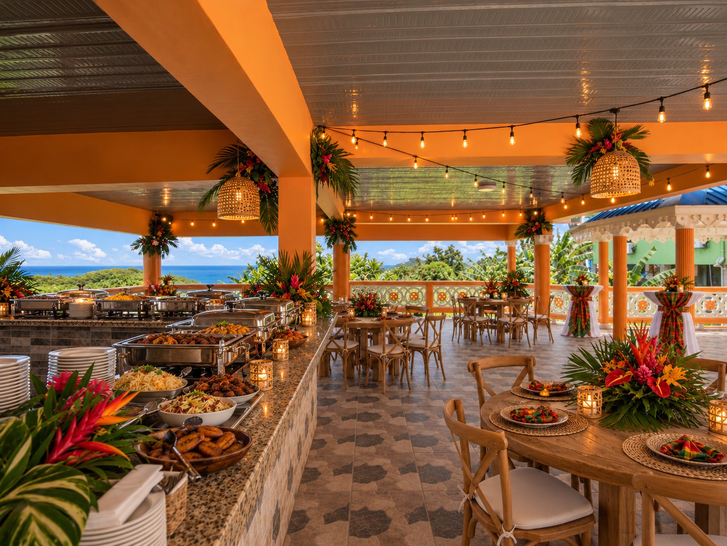 Covered terrace set for a Caribbean buffet dinner with tropical florals and sea view
