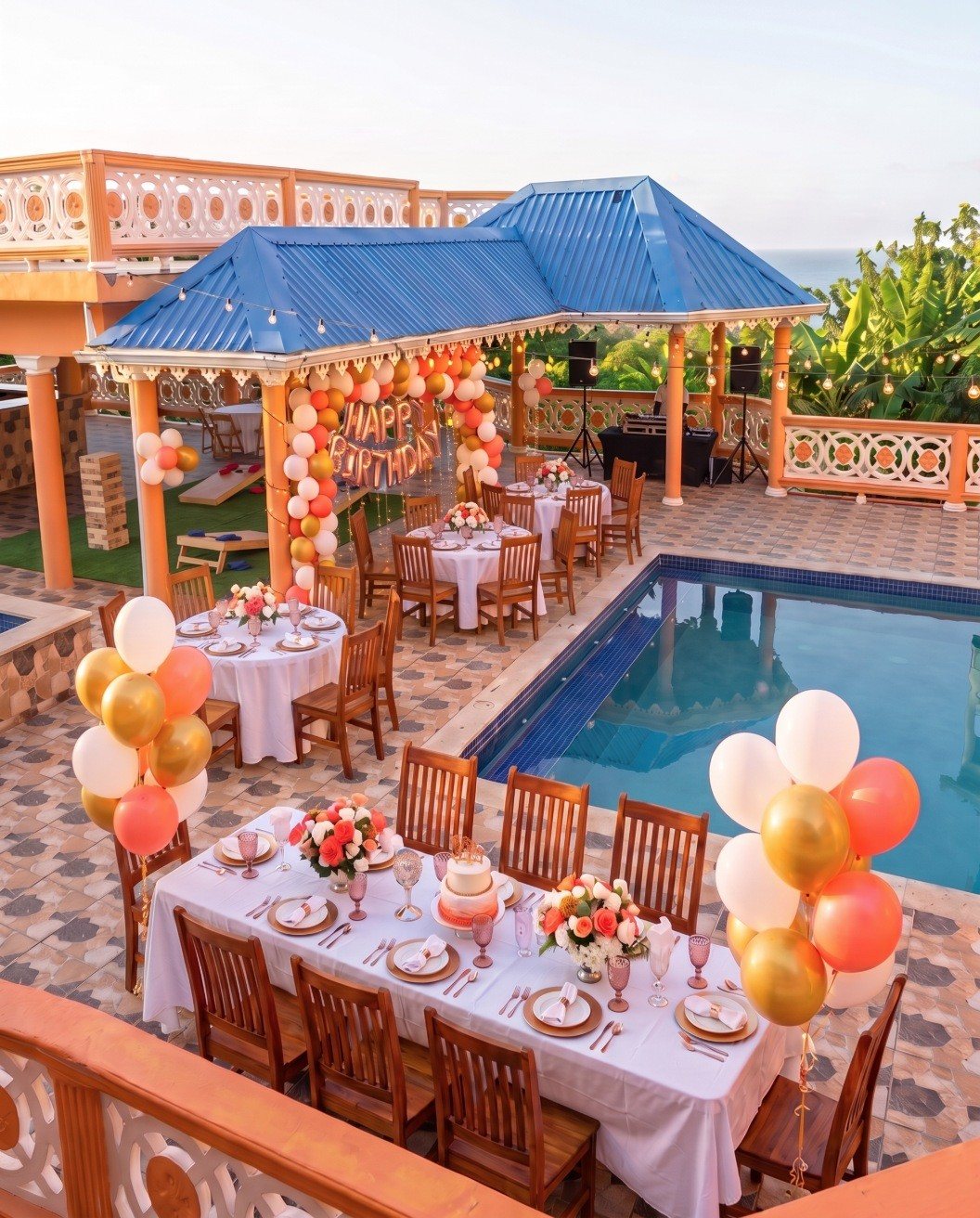 Birthday celebration set up beside the pool