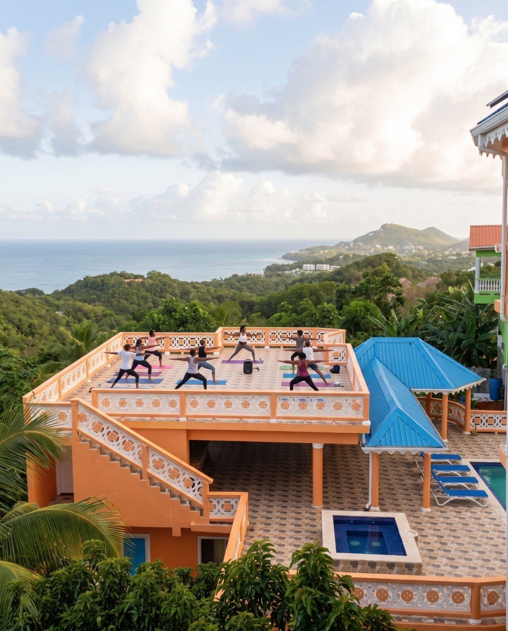 Group yoga session on the rooftop terrace with sea views